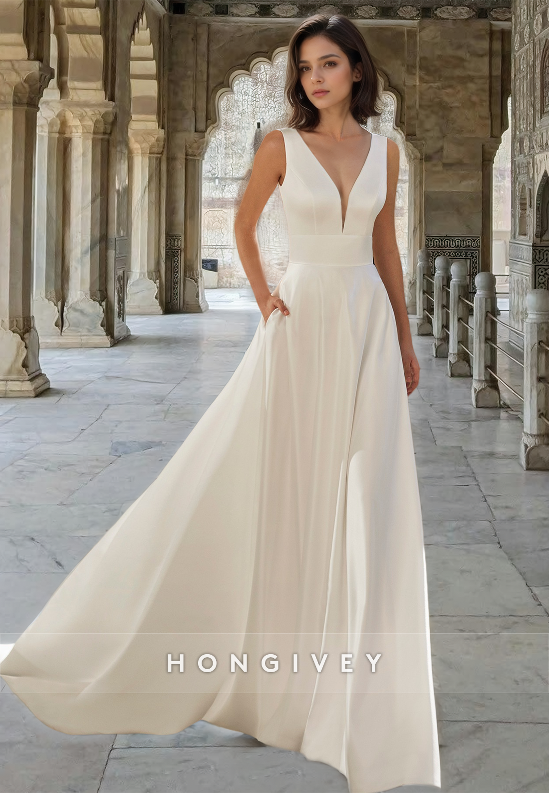 Sexy V-Neck Sleeveless Satin Floor-Length A-Line Wedding Dress HONGIVEY