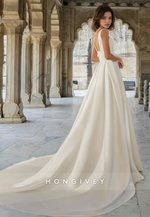 Sexy V-Neck Sleeveless Satin Floor-Length A-Line Wedding Dress HONGIVEY