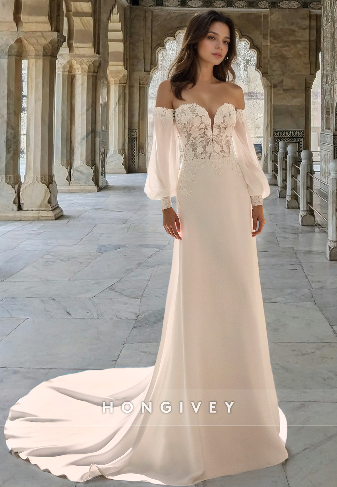 Applique Sweetheart Long Sleeves Sheath Satin with Train Wedding Dress Bride Gown