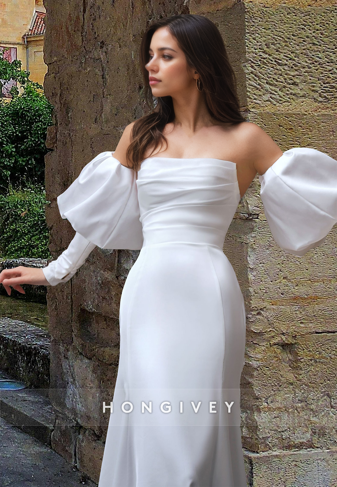 Chic Strapless Long Sleeves Satin Trumpet Wedding Dress Bride Gown HONGIVEY