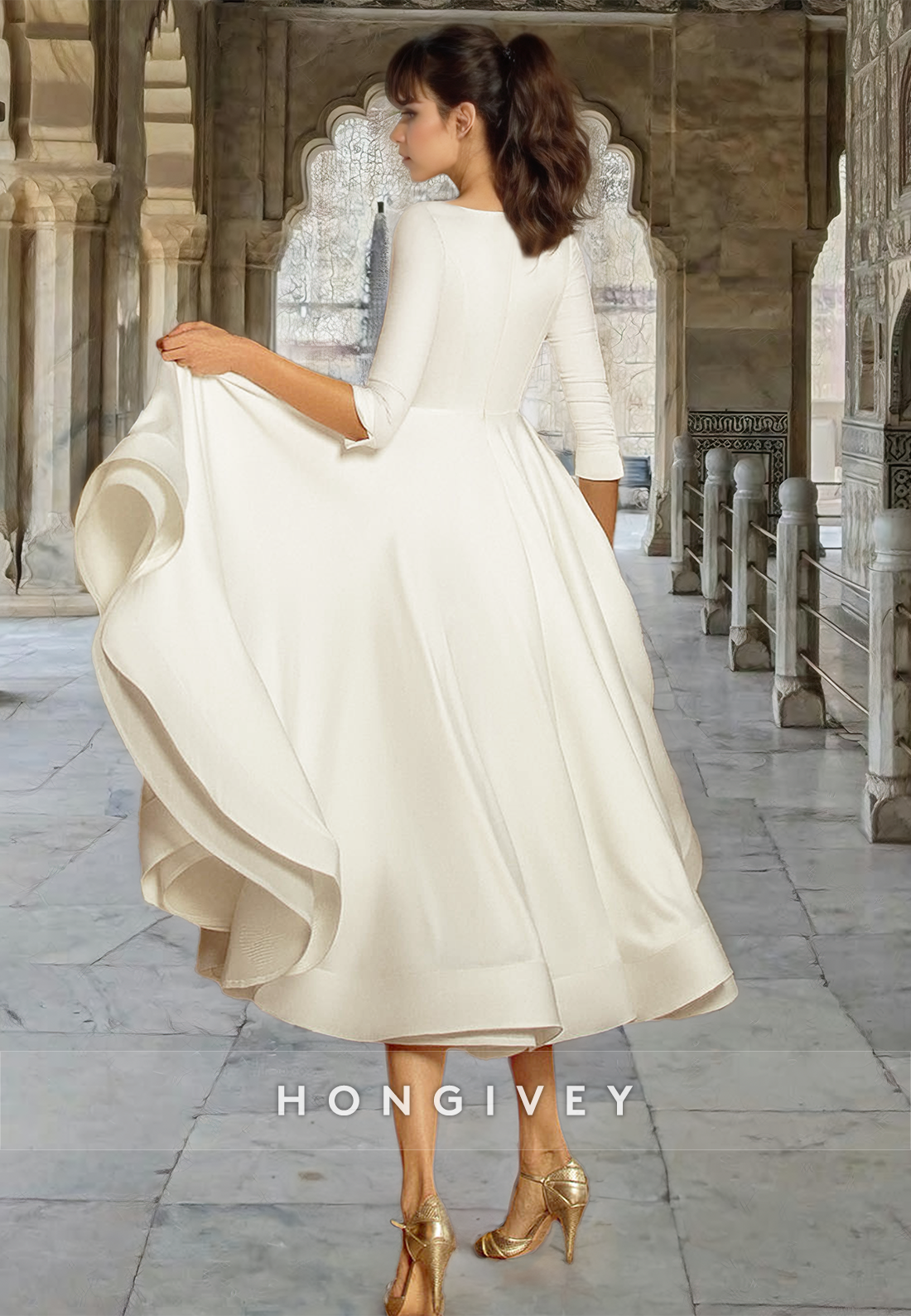 Chic Satin V-Neck Half Sleeves A-Line Wedding Dress Midi Dresses