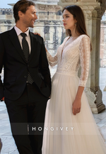 Lace Applique 3/4 Sleeves Tulle A-Line with Train Wedding Dress Bride Gown HONGIVEY