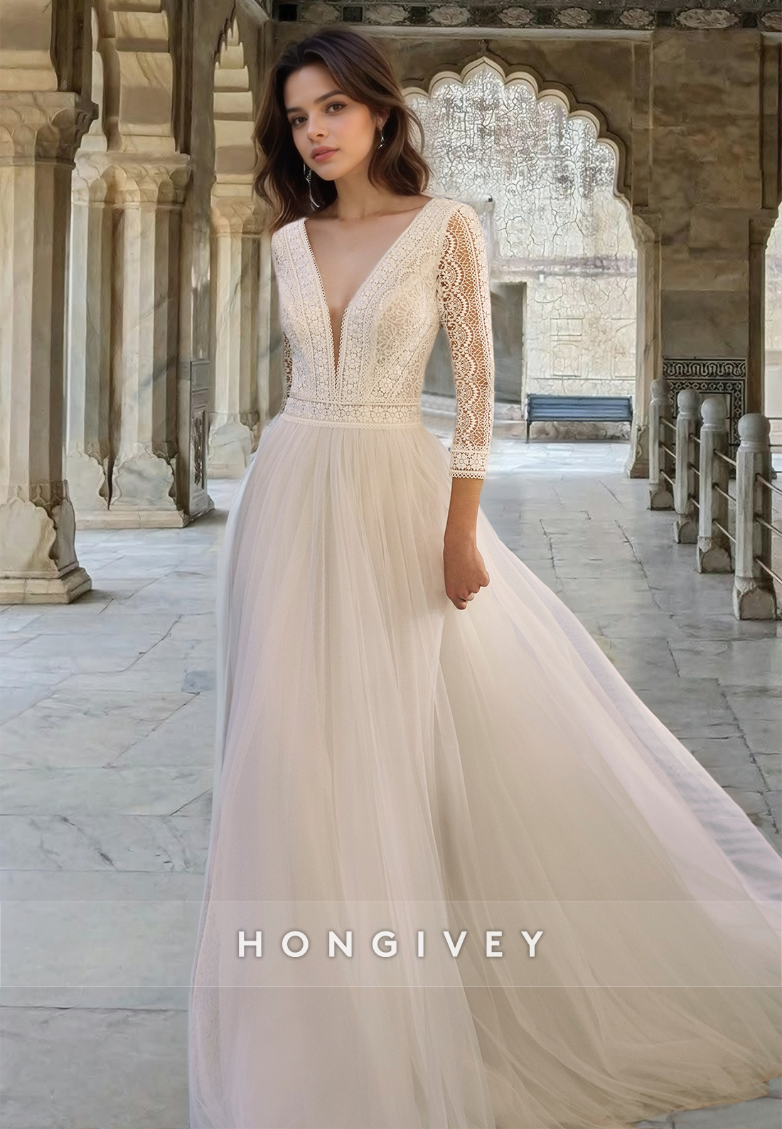 Lace Applique 3/4 Sleeves Tulle A-Line with Train Wedding Dress Bride Gown HONGIVEY