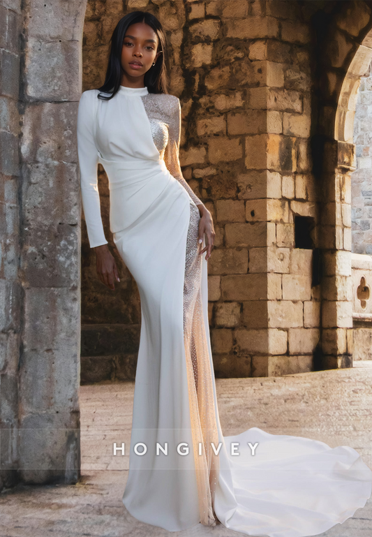 Special Asymmetrical High Neck Side Slit Sheer Satin Wedding Dress Bride Gown HONGIVEY