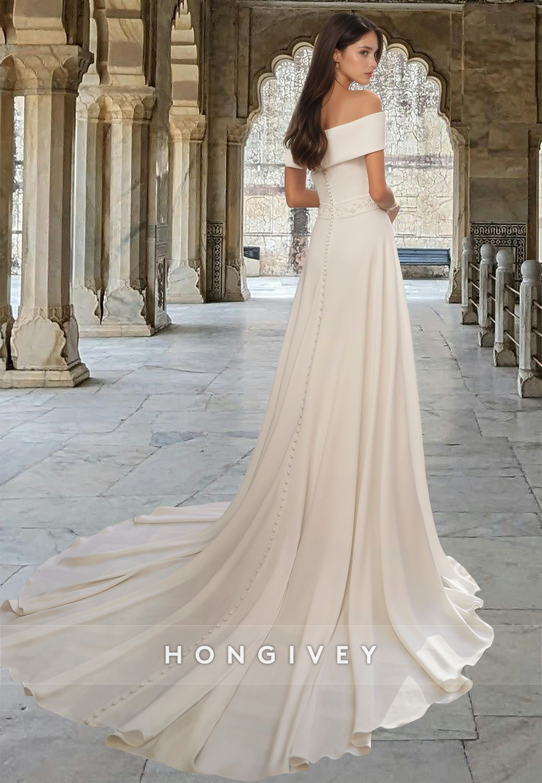 Chic Off-Shoulder A-Line Satin with Train Beach Wedding Dress HONGIVEY