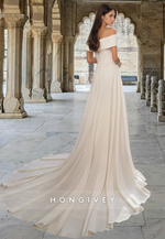 Chic Off-Shoulder A-Line Satin with Train Beach Wedding Dress HONGIVEY