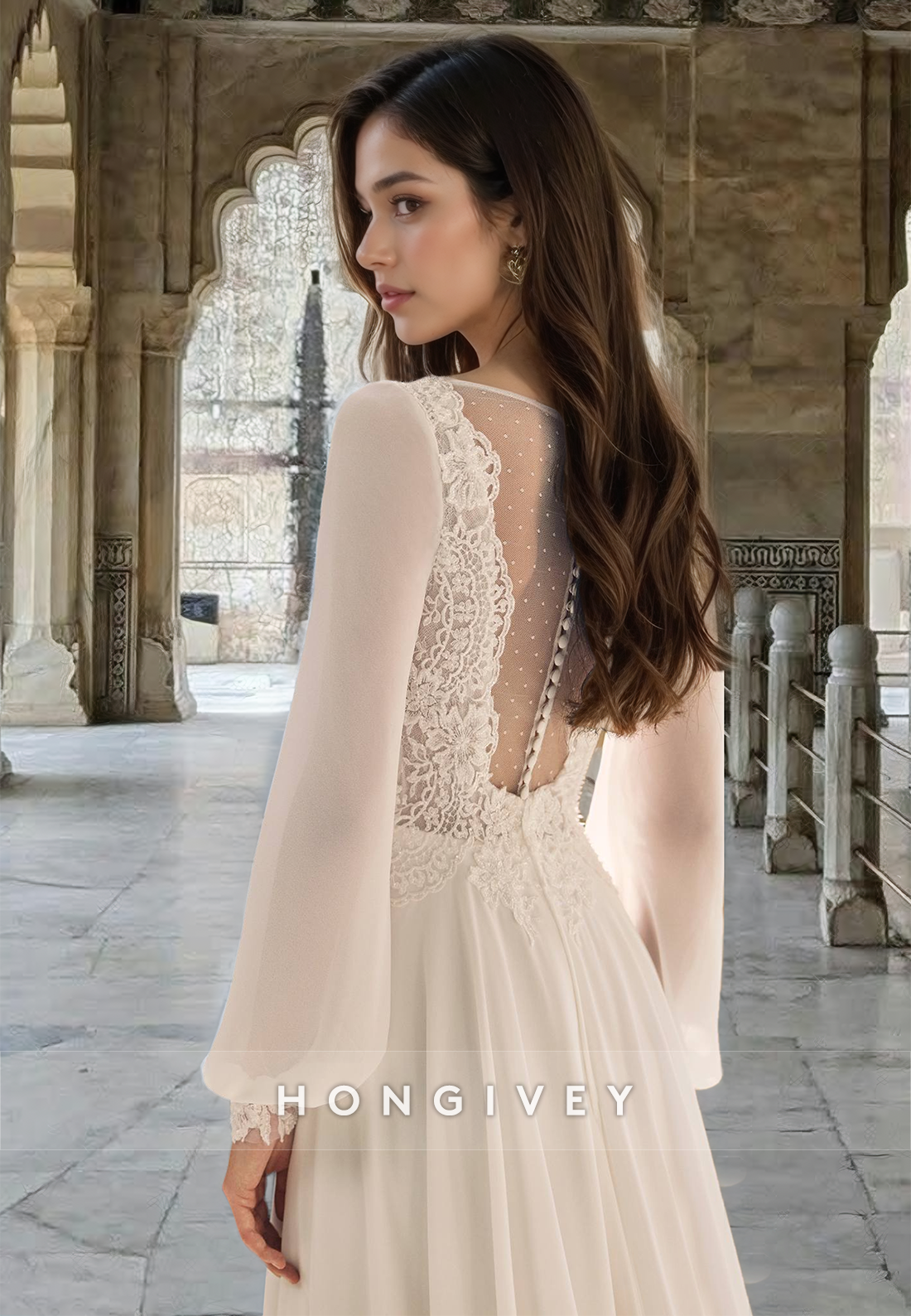 Sexy Lace Applique A-Line Long Sleeves Tulle Wedding Dress Bride Gown HONGIVEY