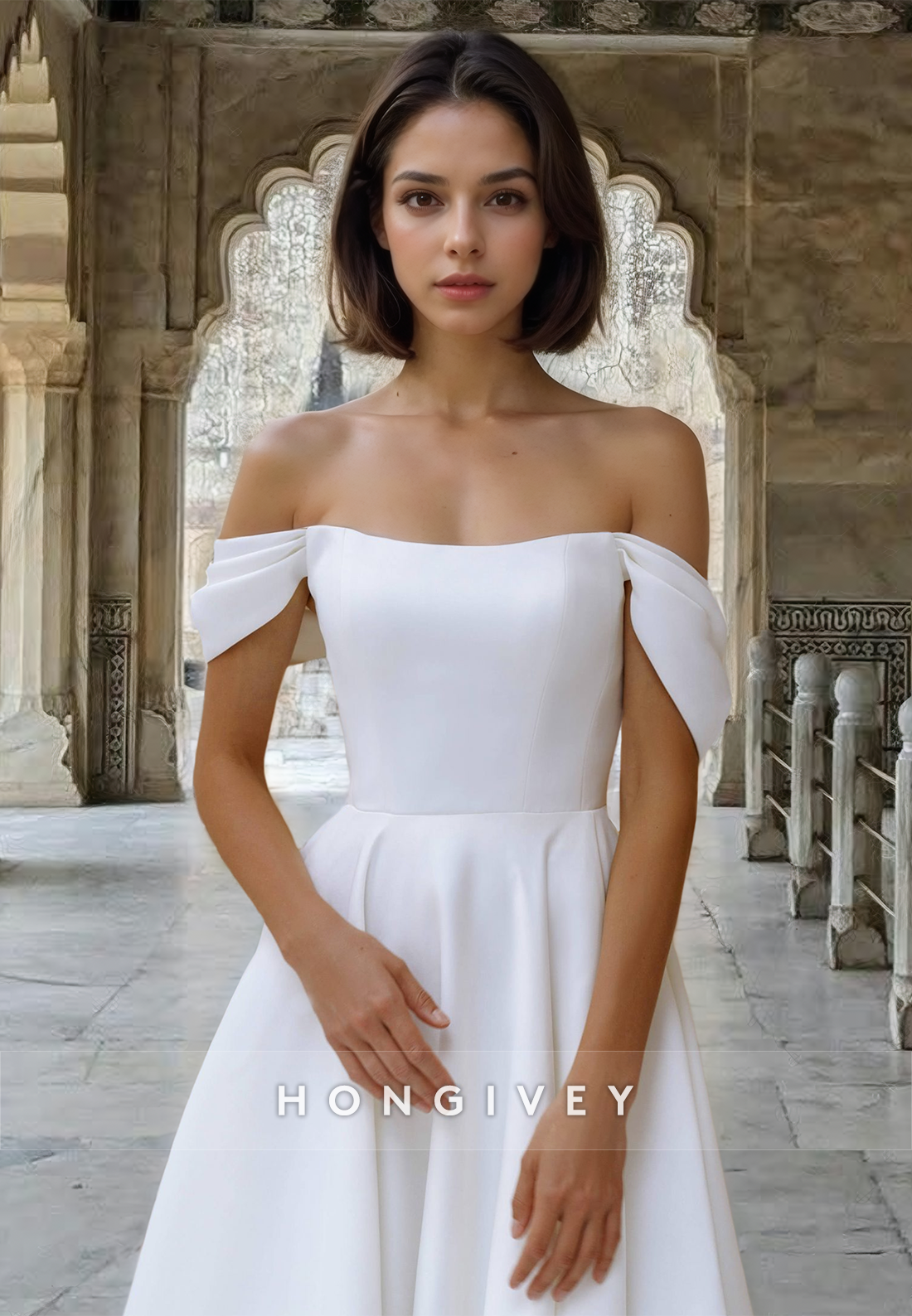 Short Off-Shoulder A-Line Satin Wedding Dress Midi Dresses HONGIVEY