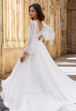 Sexy V-Neck Long Sleeves with Side Slit Tulle  Wedding Dress Bride Gown HONGIVEY