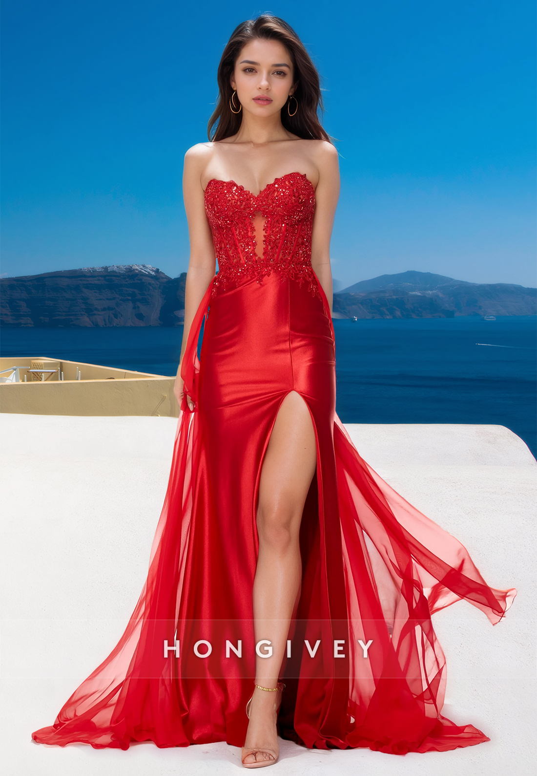 Sexy Red Strapless Trumpet with Side Slit Evening Dress Formal Party Gown HONGIVEY