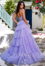 Chic Tiered Tulle A-Line Purple Strapless Evening Dress Prom Gown Ball Gown