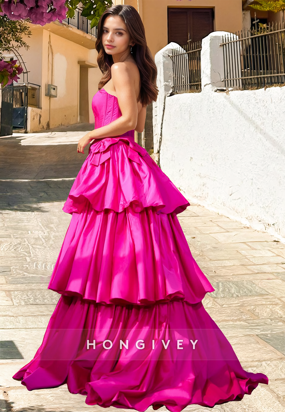 Tiered Strapless A-Line Satin Bow Prom Dress Party Gown Ball Gown 2025 HONGIVEY