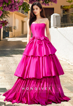 Tiered Strapless A-Line Satin Bow Prom Dress Party Gown Ball Gown 2025 HONGIVEY