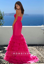 Elegant Strapless Tiered Slit Trumpet Evening Dress with Train HONGIVEY