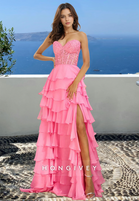 Chic Pink Tiered Applique Strapless A-Line with Slit Evening Dress Prom Gown