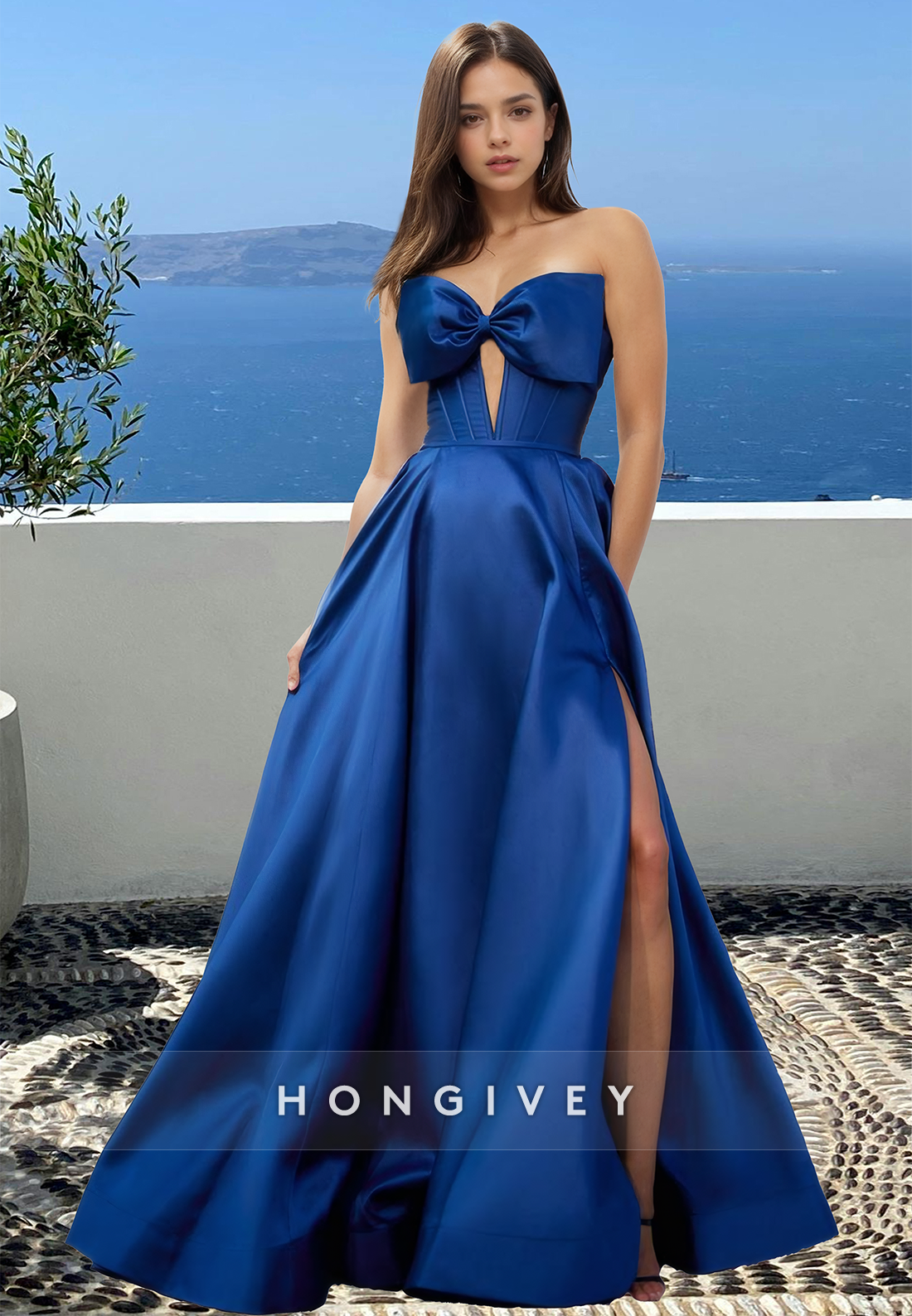 Sweet Bow Blue Strapless A-Line Satin Prom Dress Party Dress Formal Gown 2025