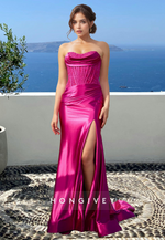 Elegant Ruched Strapless Applique Fuchsia Trumpet Satin Evening Dress Formal Gown