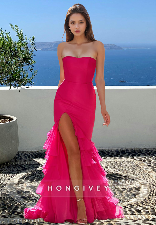 Elegant Strapless Tiered Slit Trumpet Evening Dress with Train HONGIVEY