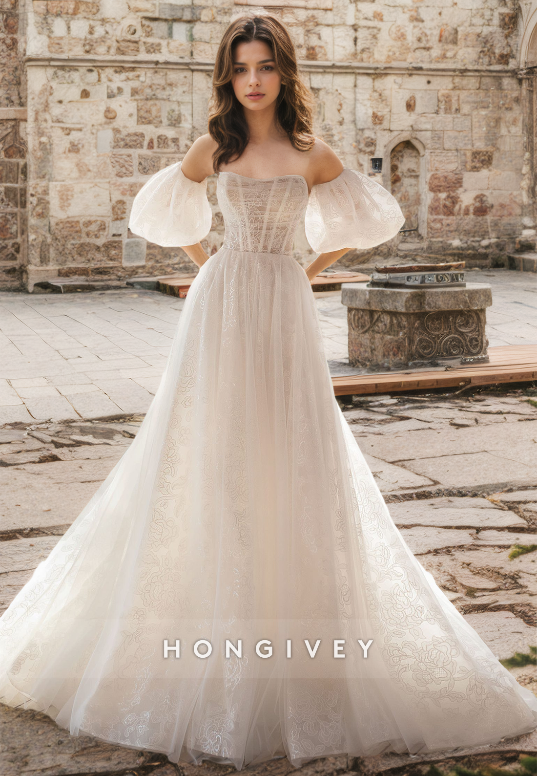 Off-Shoulder Strapless Applique A-Line Tulle Wedding Dress with Train 2025 HONGIVEY