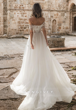 Chic Applique Off-Shoulder Tulle with Train A-Line Beach Wedding Dress HONGIVEY