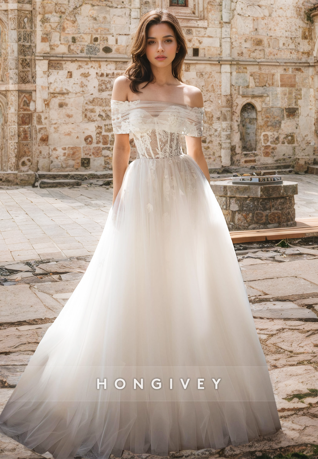 Chic Applique Off-Shoulder Tulle with Train A-Line Beach Wedding Dress HONGIVEY