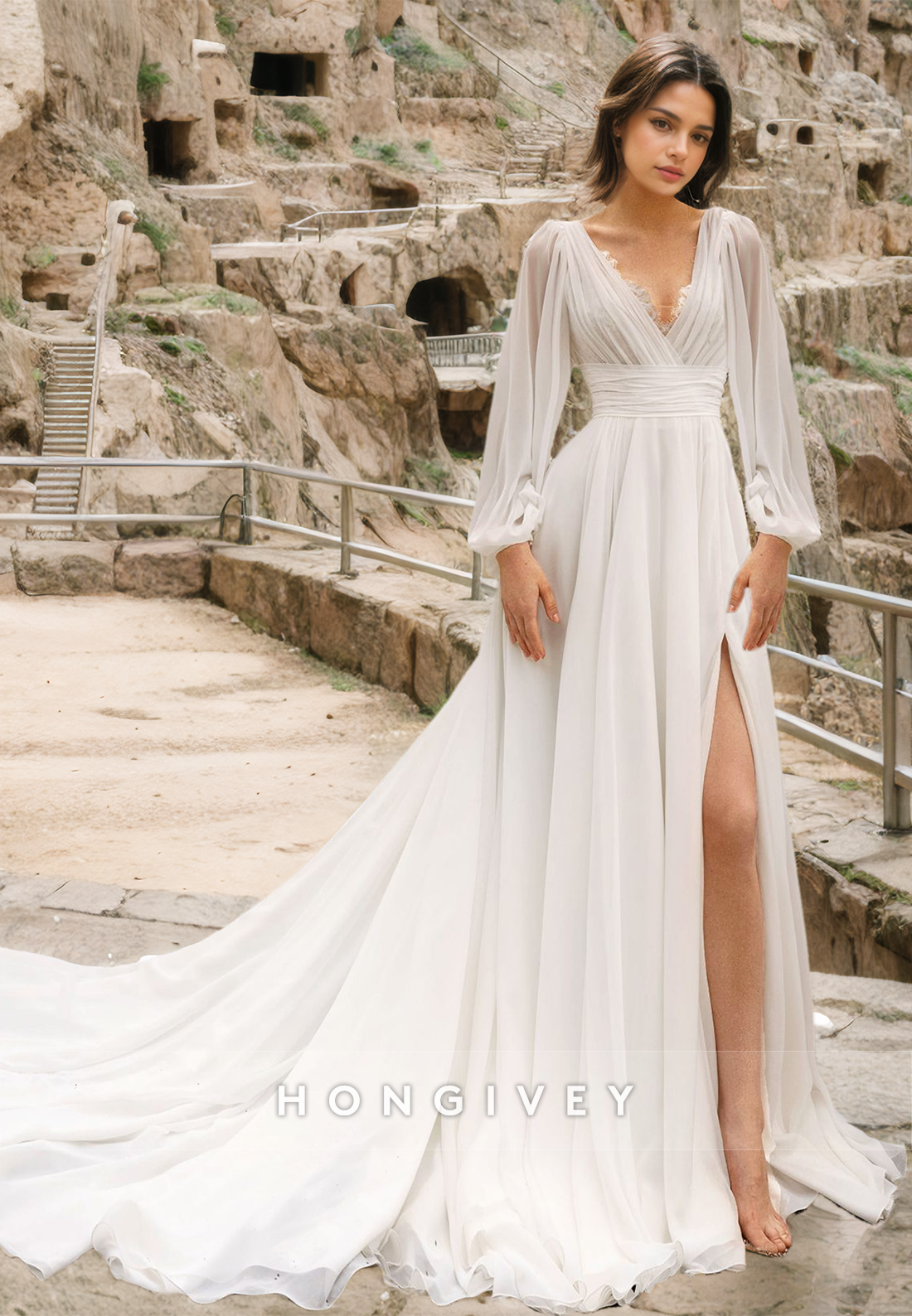 Sexy V-Neck Long Sleeves with Side Slit Tulle  Wedding Dress Bride Gown HONGIVEY