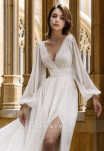 Sexy V-Neck Long Sleeves with Side Slit Tulle  Wedding Dress Bride Gown HONGIVEY