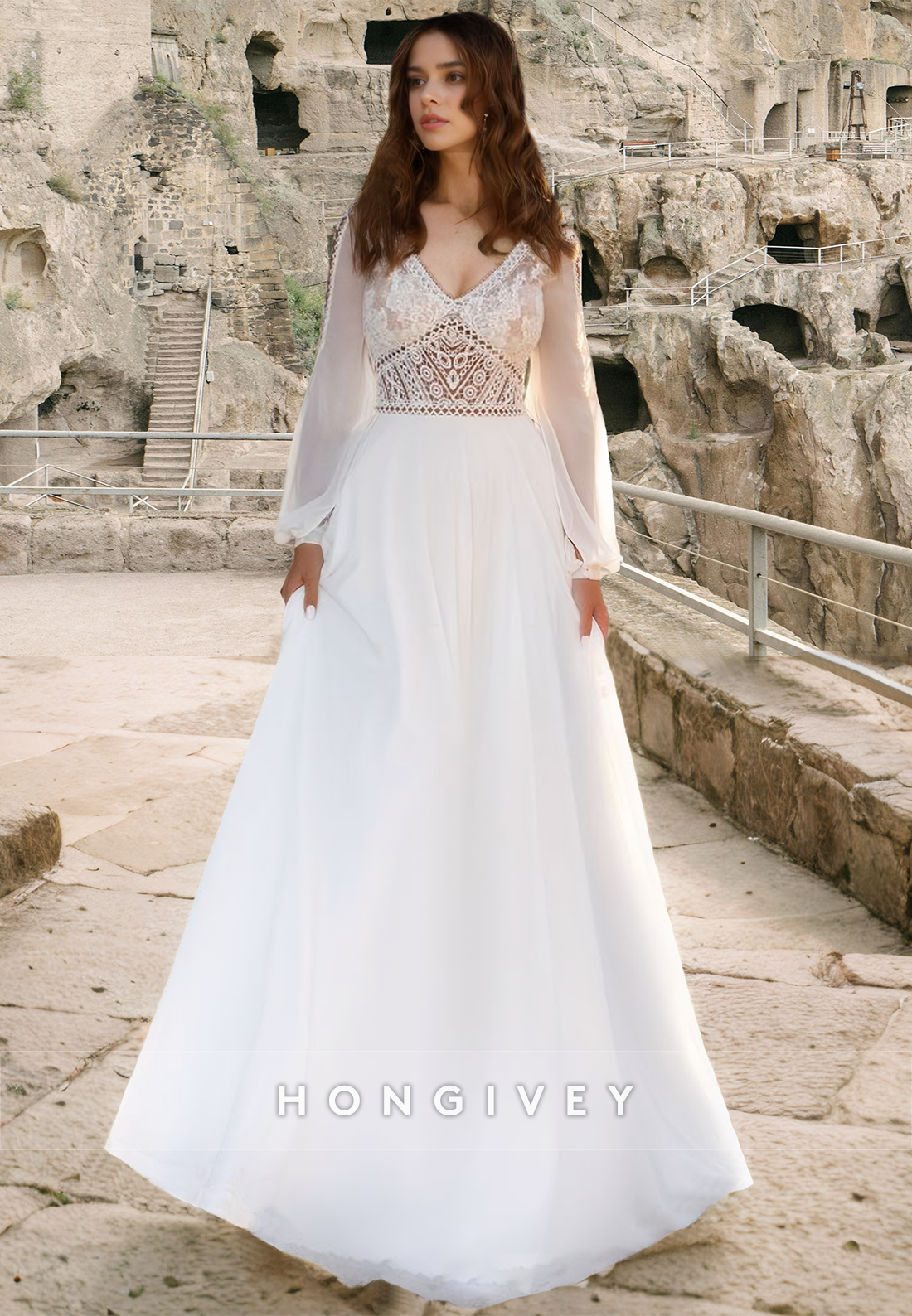 Applique A-Line Tulle Wedding Dress V-Neck Long Sleeves Floor-Length Bride Gown