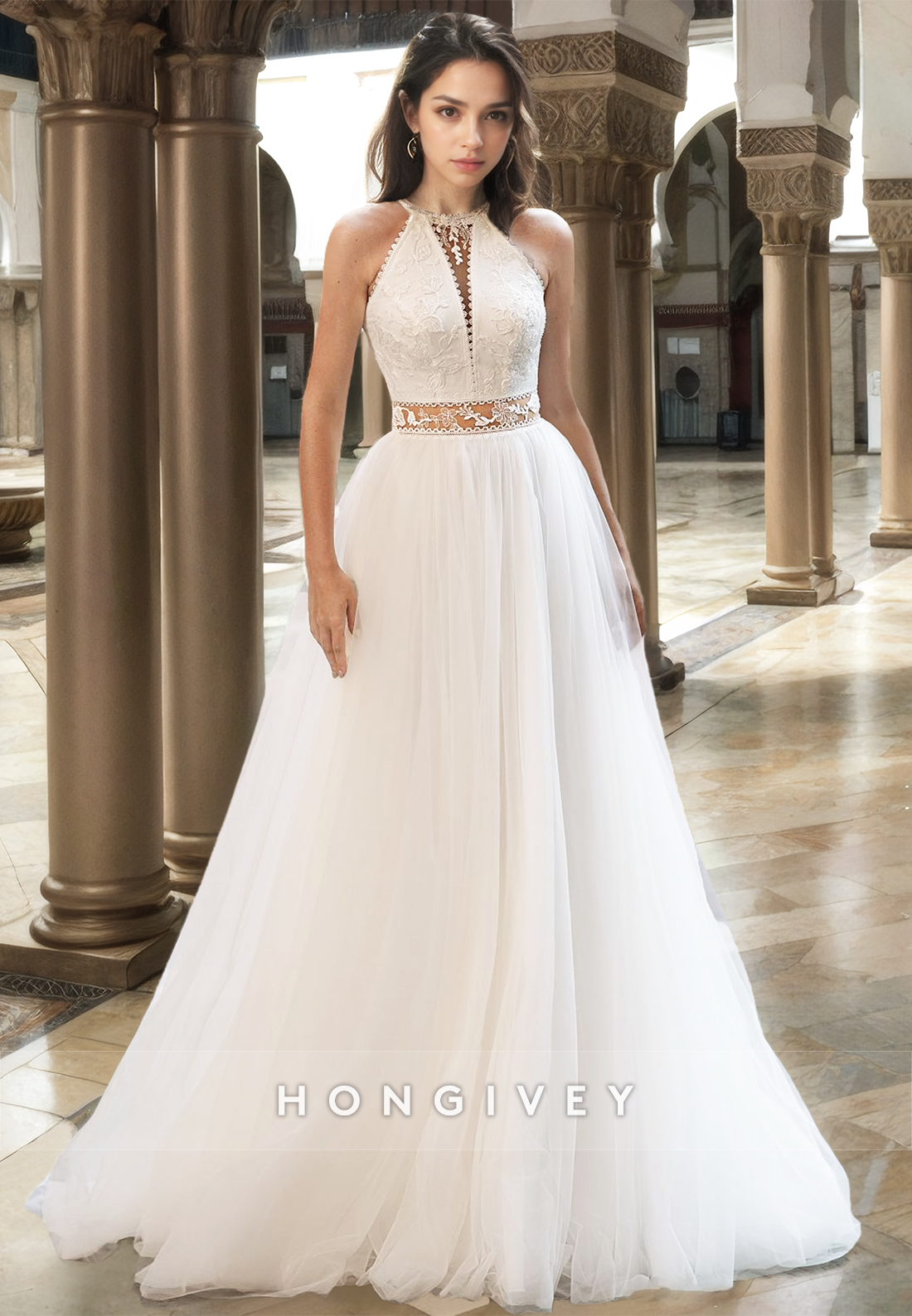 Sexy Halter Sheer Sleeveless A-Line Tulle Floor-Length Wedding Dress Bride Gown