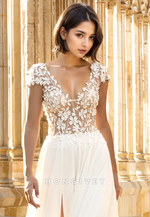 Sheer Applique Short Sleeves Tulle with Side Slit A-Line Wedding Dress Bride Gown