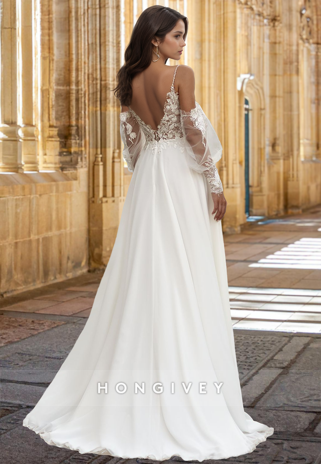 Sexy Tulle Applique Sleeves with Side Slit Wedding Dress Bride Gown HONGIVEY