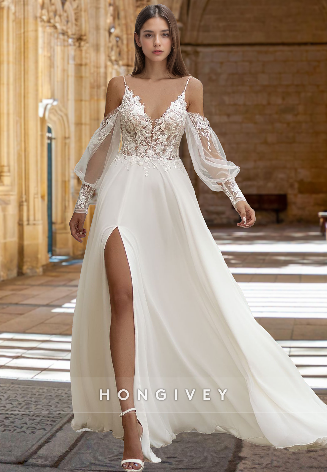 Sexy Tulle Applique Sleeves with Side Slit Wedding Dress Bride Gown HONGIVEY