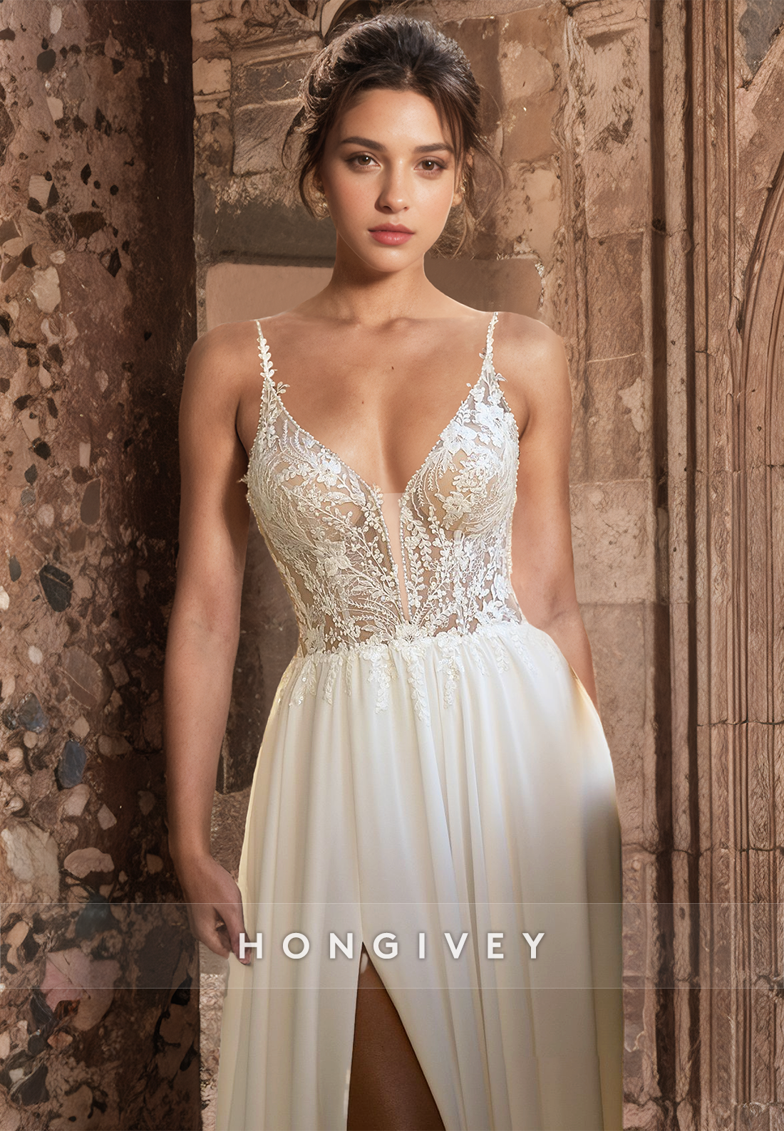 Classic Sexy Applique Straps Side Slit A-Line Tulle Wedding Dress HONGIVEY