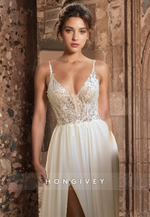 Classic Sexy Applique Straps Side Slit A-Line Tulle Wedding Dress HONGIVEY