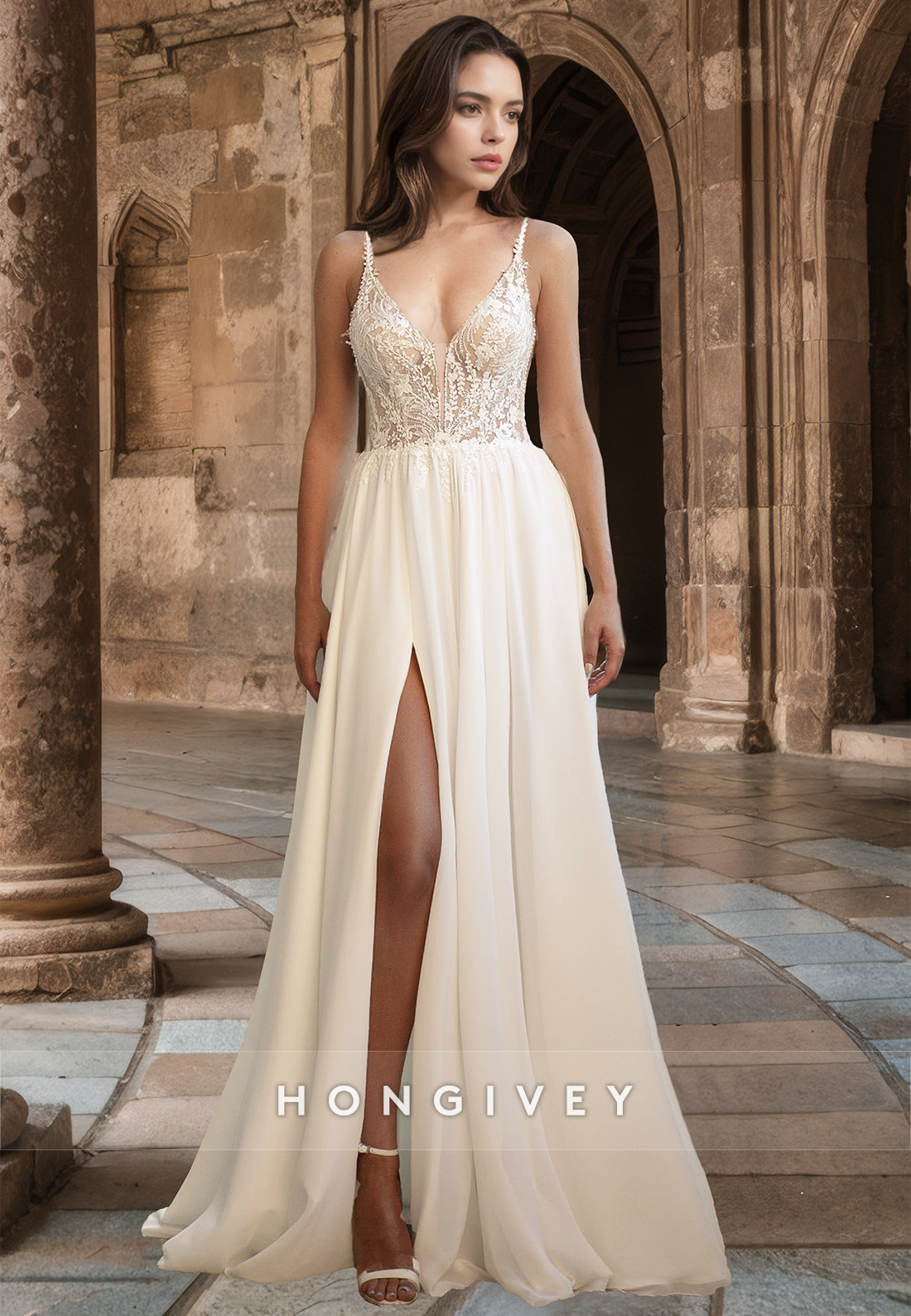 Classic Sexy Applique Straps Side Slit A-Line Tulle Wedding Dress HONGIVEY