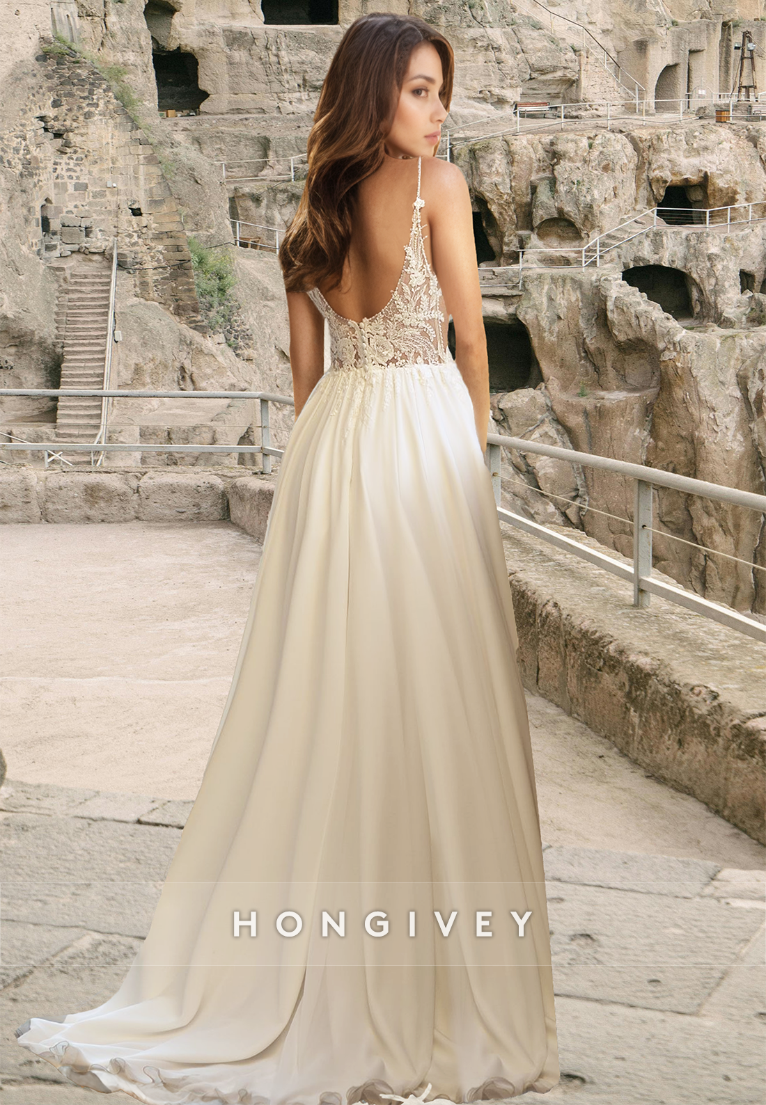 Classic Sexy Applique Straps Side Slit A-Line Tulle Wedding Dress HONGIVEY