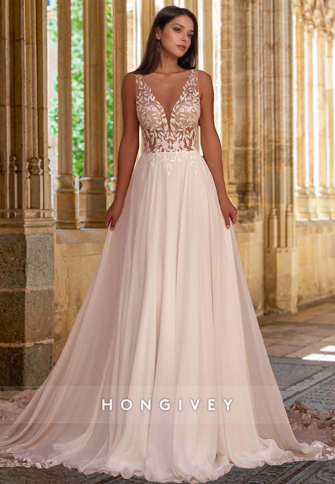 Sexy V-Neck Open Back Applique Tulle Wedding Dress Bride Gown HONGIVEY