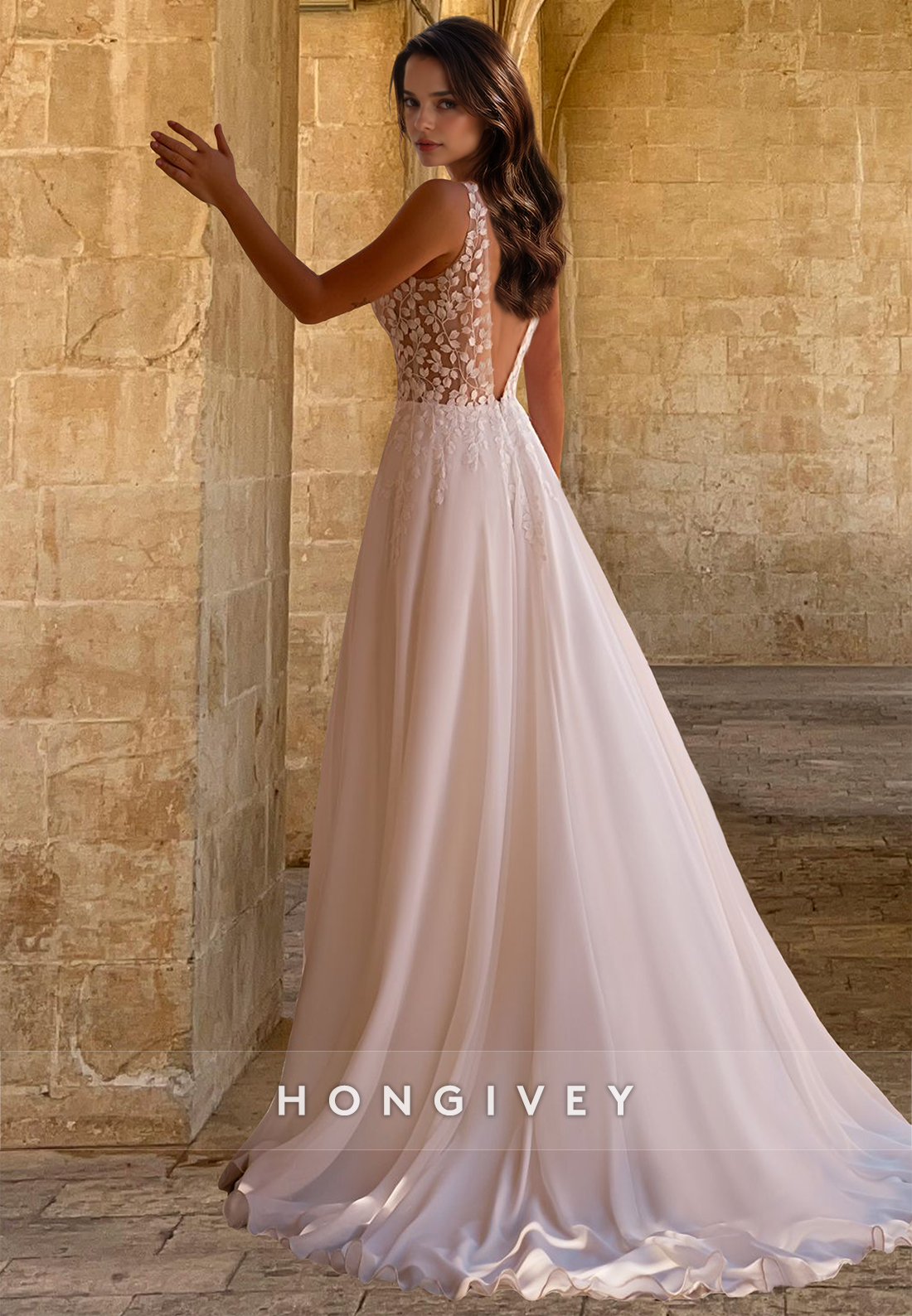 Sexy V-Neck Applique A-Line Tulle Wedding Dress Bride Gown HONGIVEY