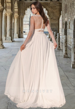 Sexy Sheer V-Neck Tulle Applique Floor-Length A-Line Wedding Dress 2025 HONGIVEY