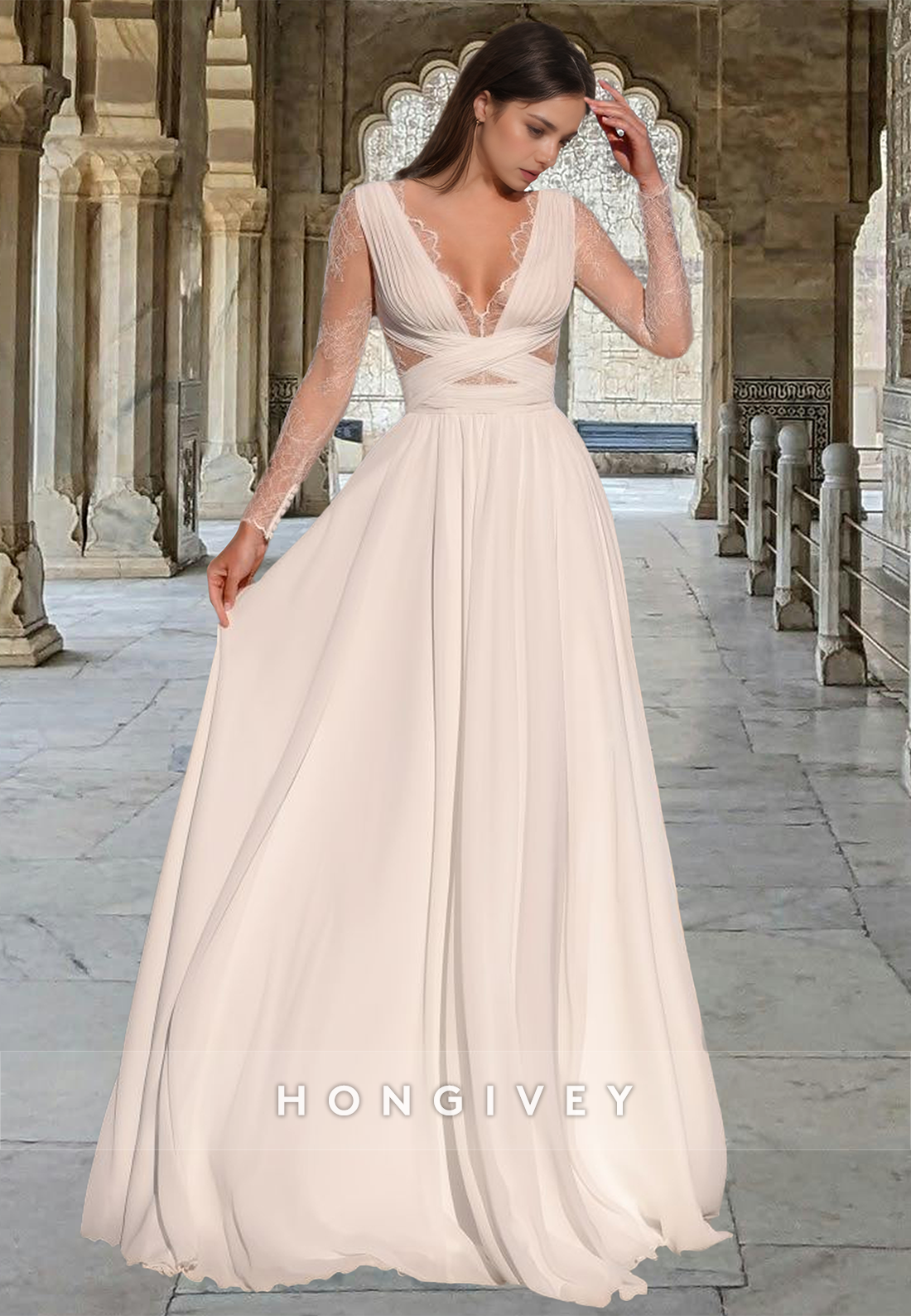 Sexy Sheer V-Neck Tulle Applique Floor-Length A-Line Wedding Dress 2025 HONGIVEY