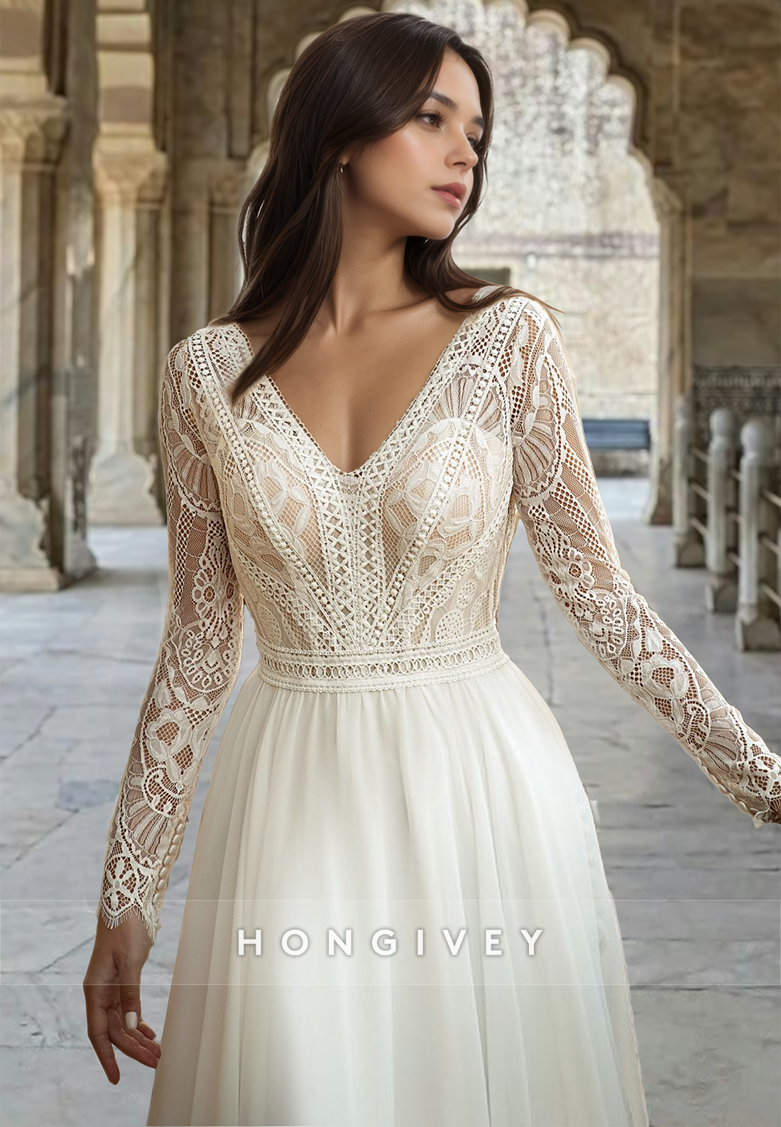 Applique Open Back V-Neck Long Sleeves A-Line Tulle Wedding Dress HONGIVEY