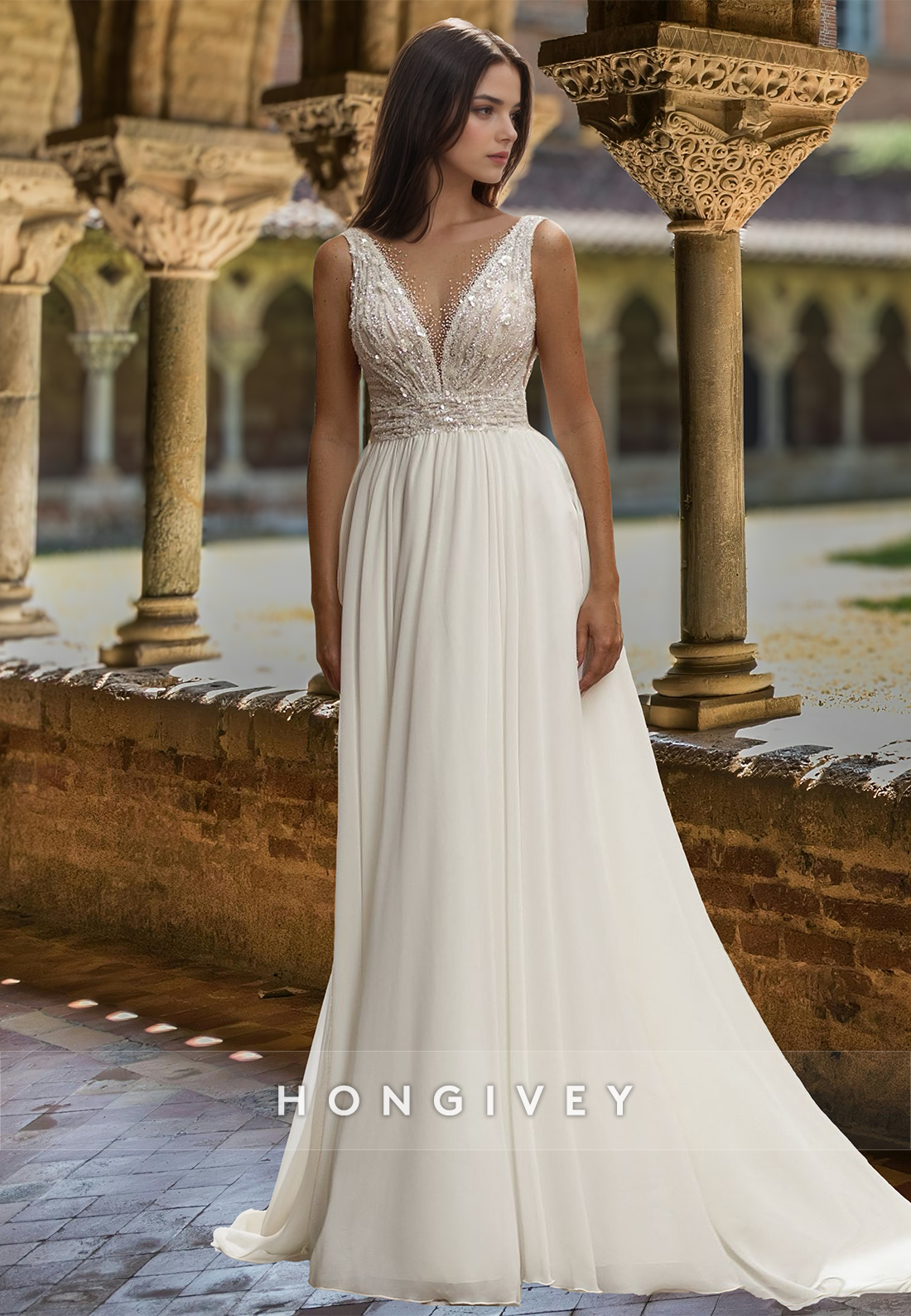 Sexy Beaded V-Neck Tulle Floor-Length Wedding Dress Bridal Gown HONGIVEY