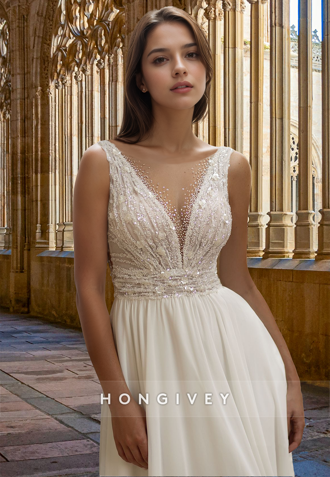 Sexy Beaded V-Neck Tulle Floor-Length Wedding Dress Bridal Gown HONGIVEY