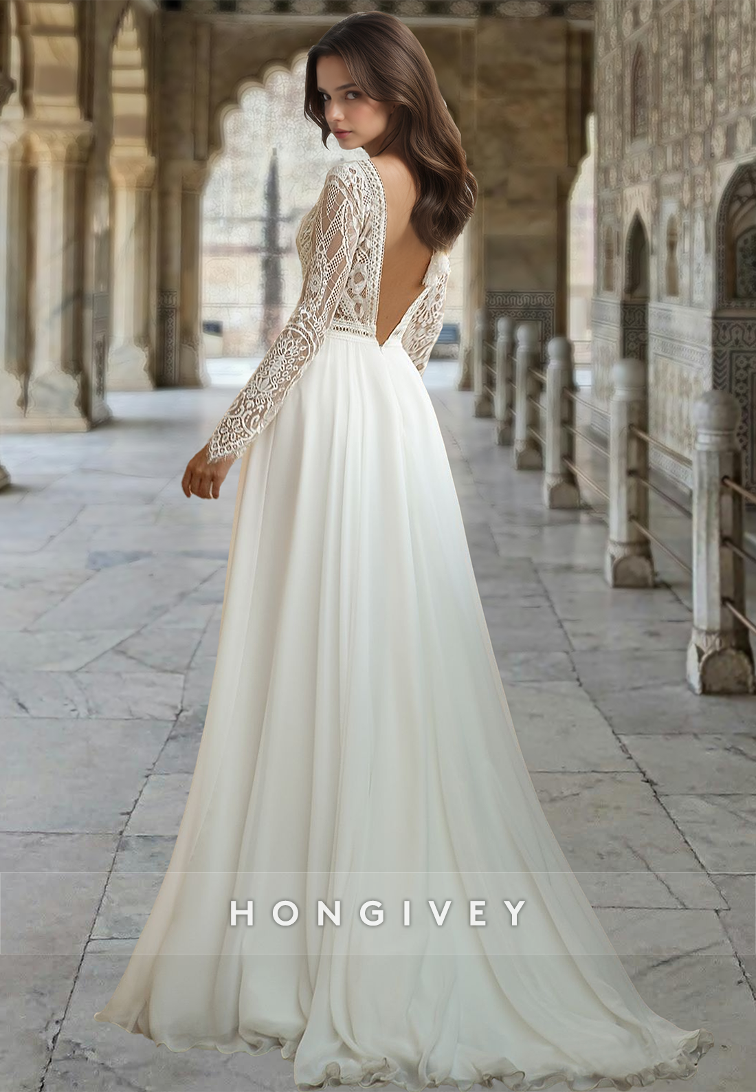 Applique Open Back V-Neck Long Sleeves A-Line Tulle Wedding Dress HONGIVEY