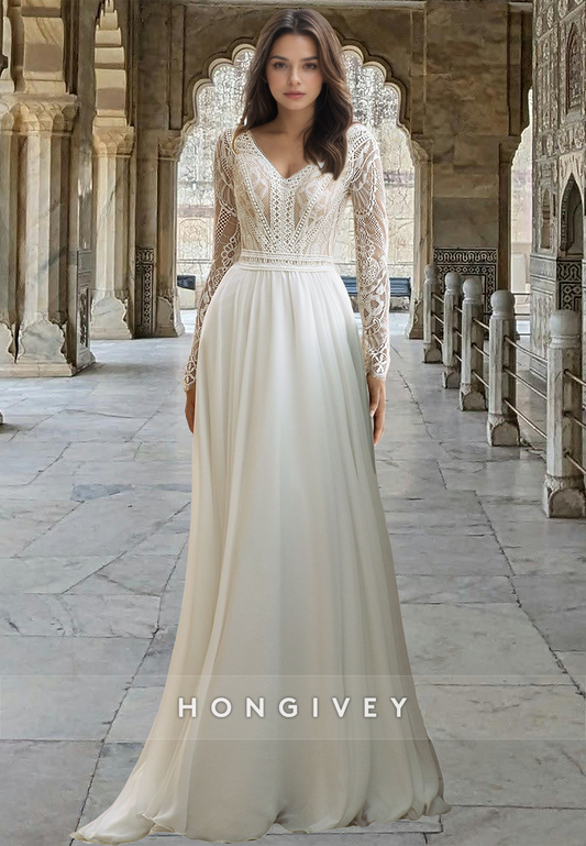 Applique Open Back V-Neck Long Sleeves A-Line Tulle Wedding Dress HONGIVEY