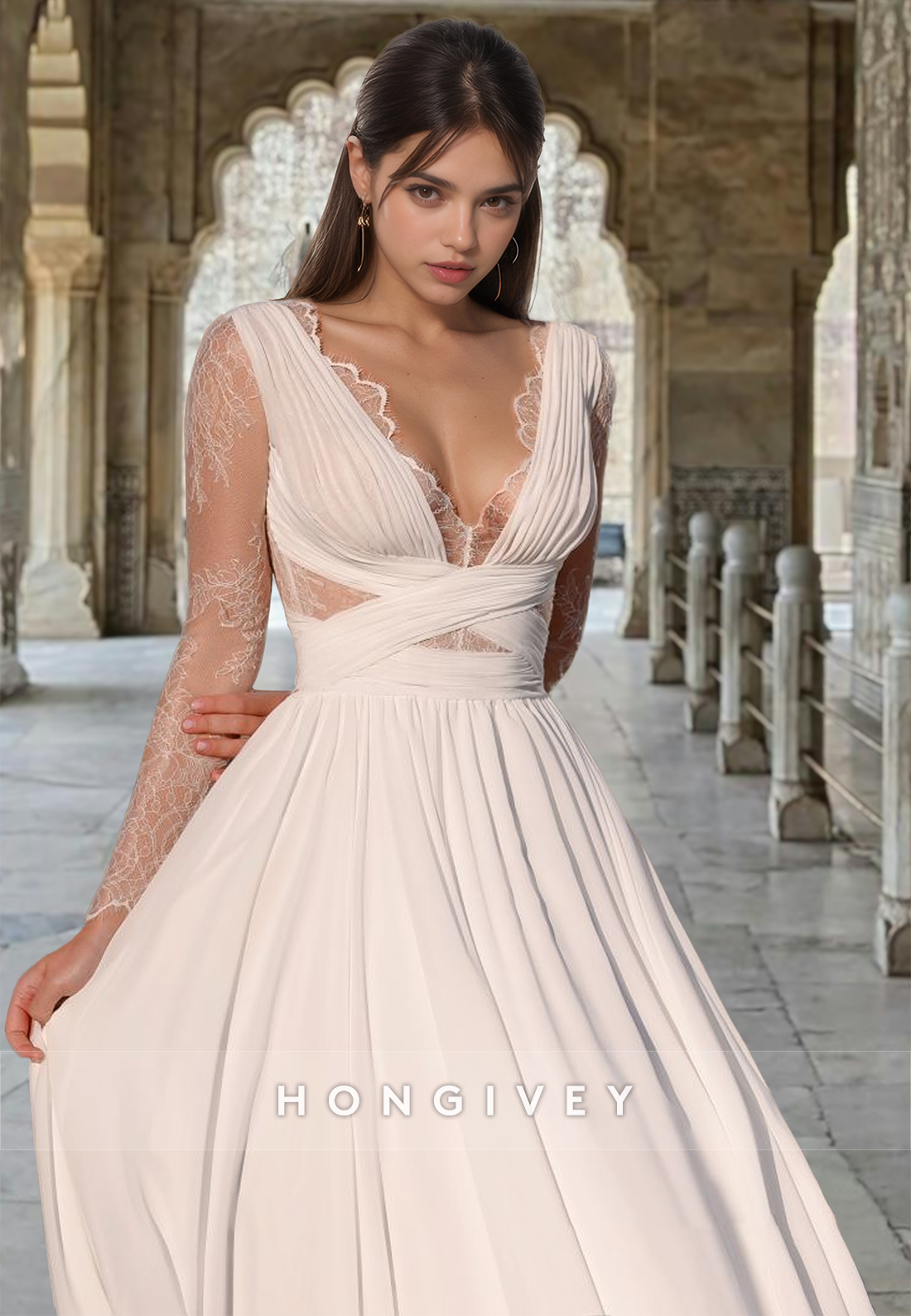 Sexy Sheer V-Neck Tulle Applique Floor-Length A-Line Wedding Dress 2025 HONGIVEY