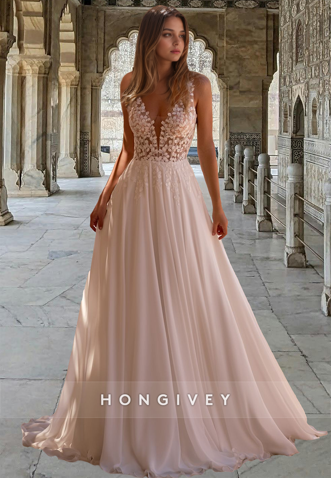 Sexy V-Neck Applique A-Line Tulle Wedding Dress Bride Gown HONGIVEY