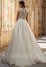 Chic Bateau Short Sleeves Applique A-Line Tulle Wedding Dress HONGIVEY