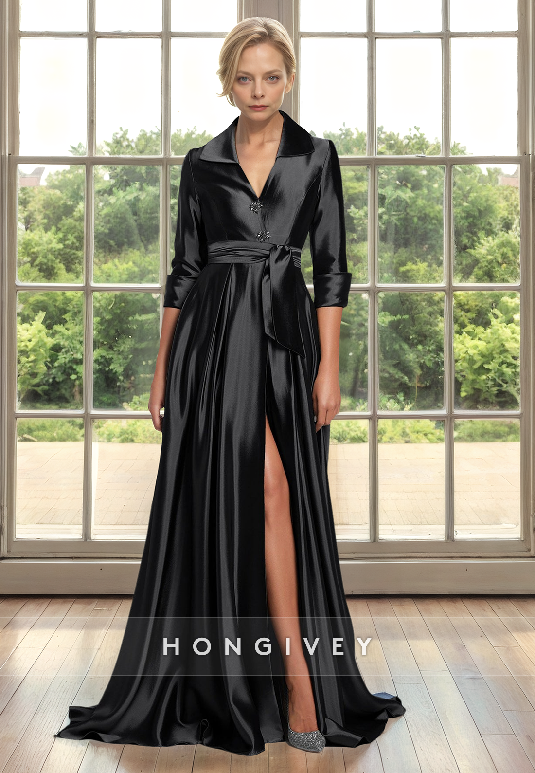 Half Sleeves Floor-Length A-Line Satin with Slit Mother of the Bride Wedding Guest Dress