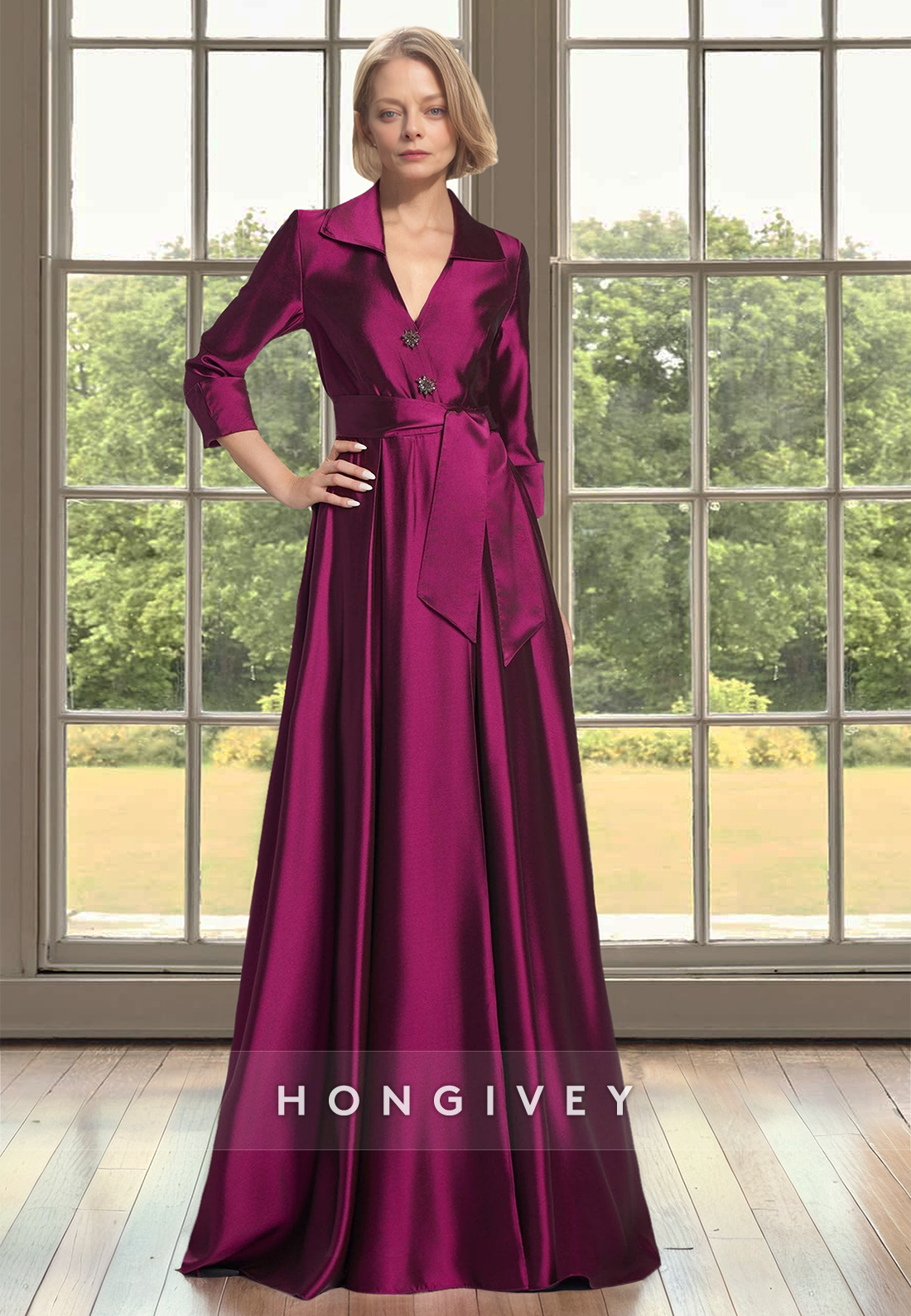 Half Sleeves Floor-Length A-Line Satin with Slit Mother of the Bride Wedding Guest Dress